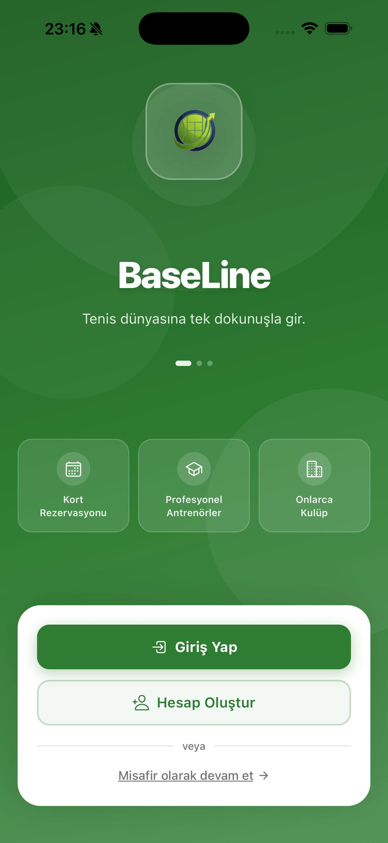 Baseline tenis kulübü rezervasyon uygulaması — ekran 1