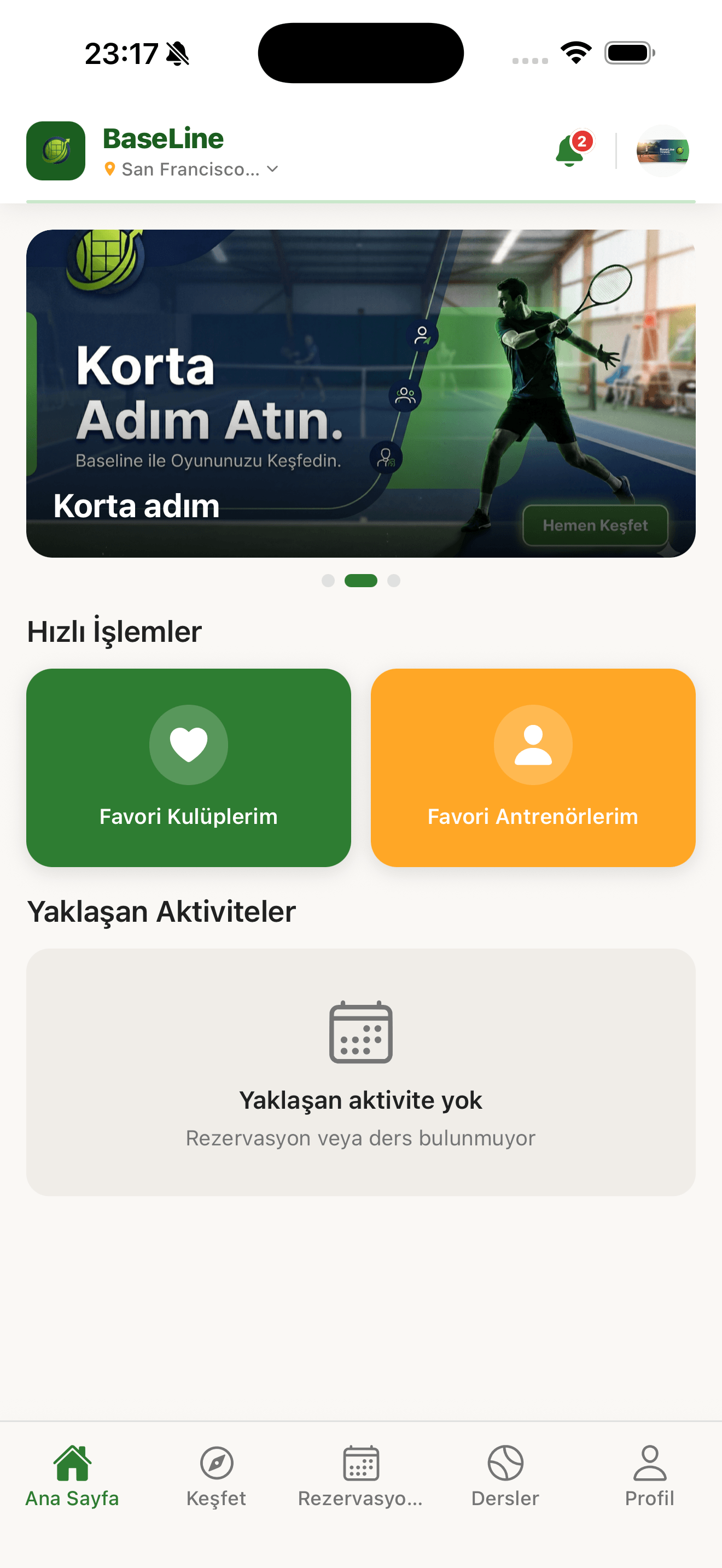 Baseline tenis kulübü rezervasyon uygulaması — ekran 2