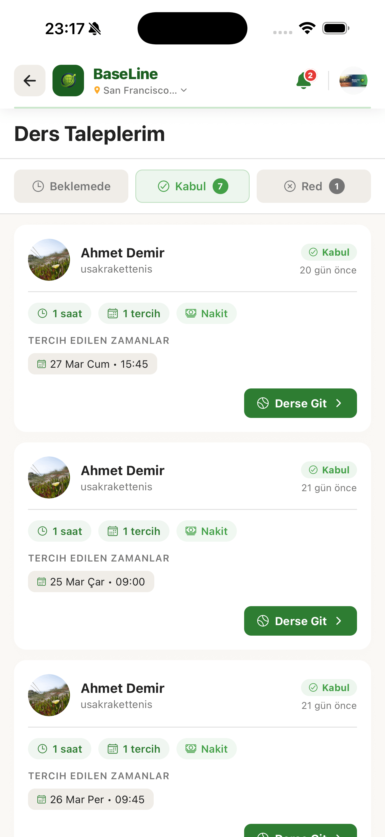 Baseline tenis kulübü rezervasyon uygulaması — ekran 3