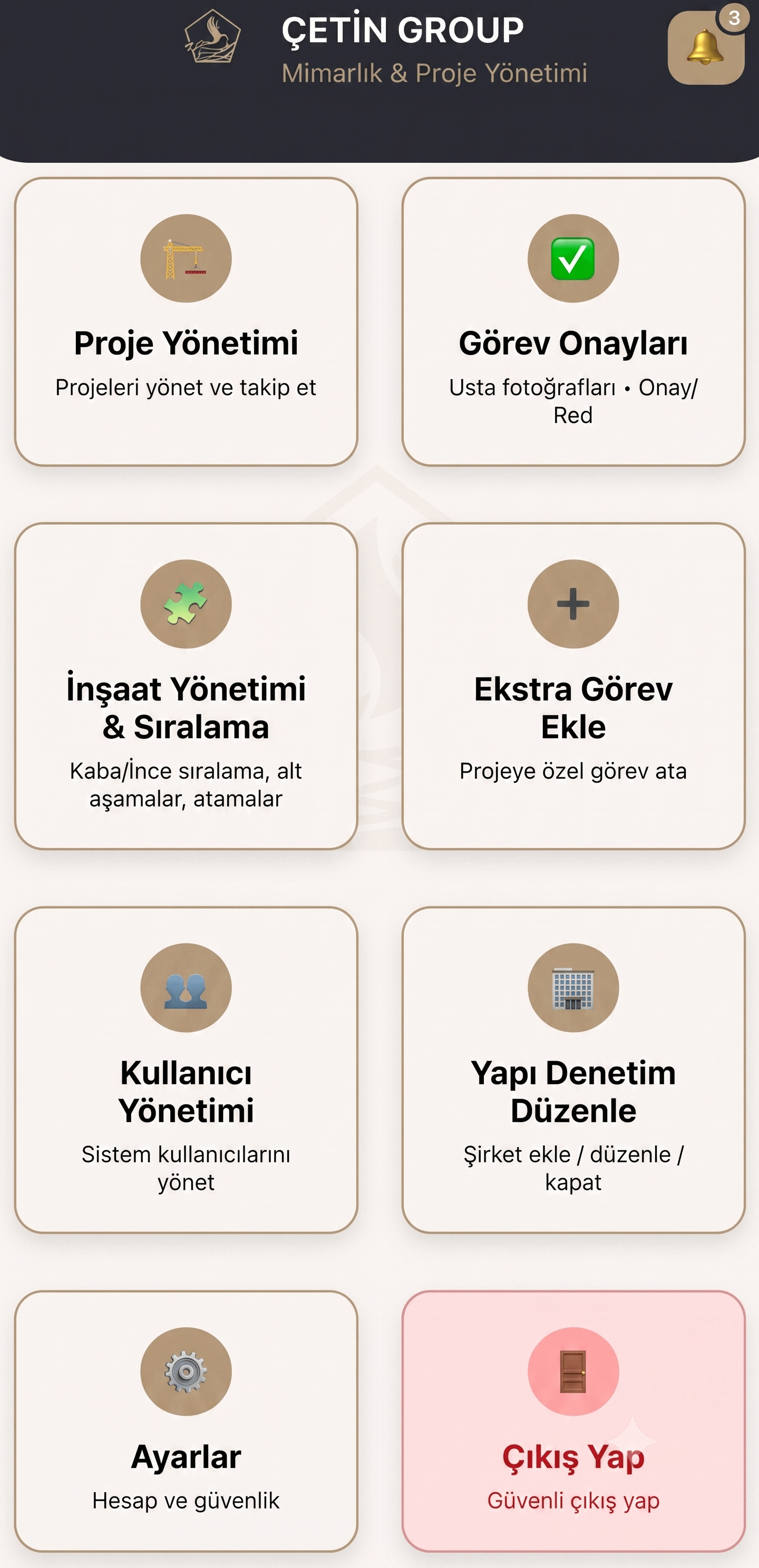 Çetin Group inşaat proje yönetim uygulaması — ekran 1