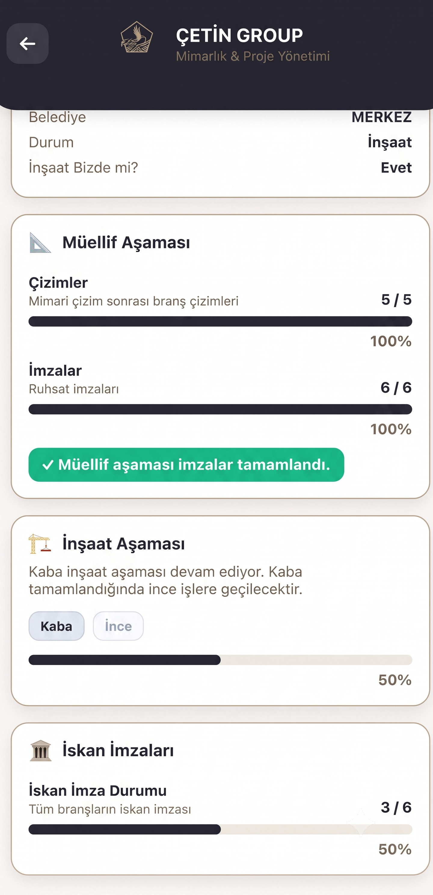 Çetin Group inşaat proje yönetim uygulaması — ekran 2