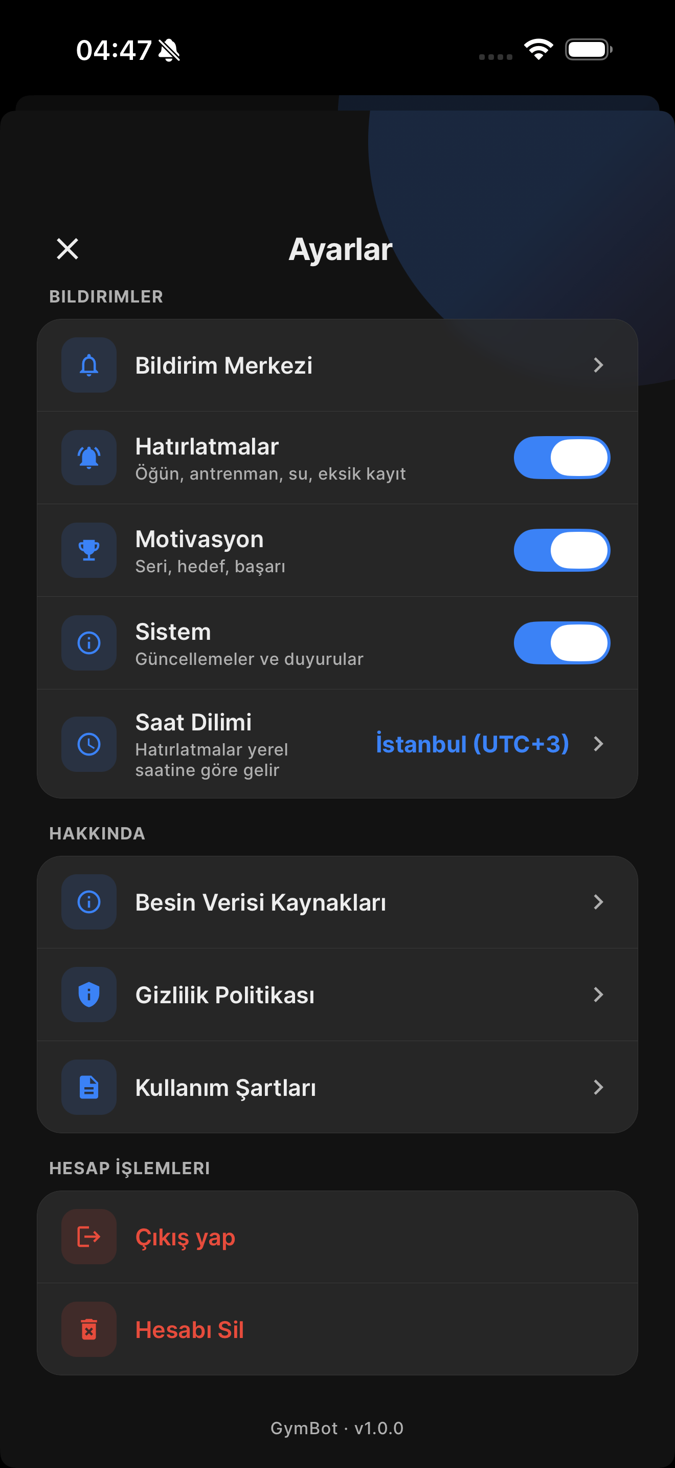 GymBot yapay zeka antrenman uygulaması — ekran 7